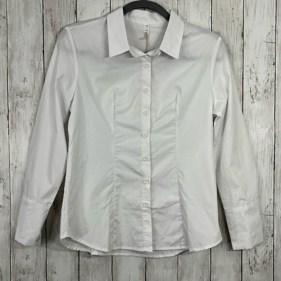 White Long Sleeve Collared Button Down Cotton Plain Work School Basic Shirt - Picture 1 of 9